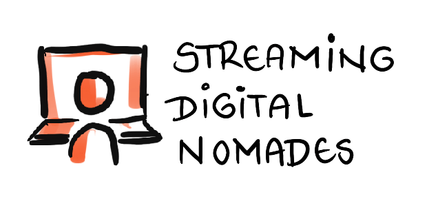 Stilisierter Mann vor Laptop; Streaming. digitale Nomaden